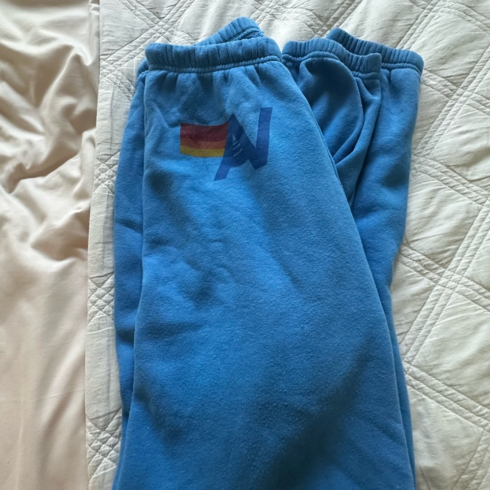 Aviator Nation Bright Blue Fleece Joggers with Rainbow Logo